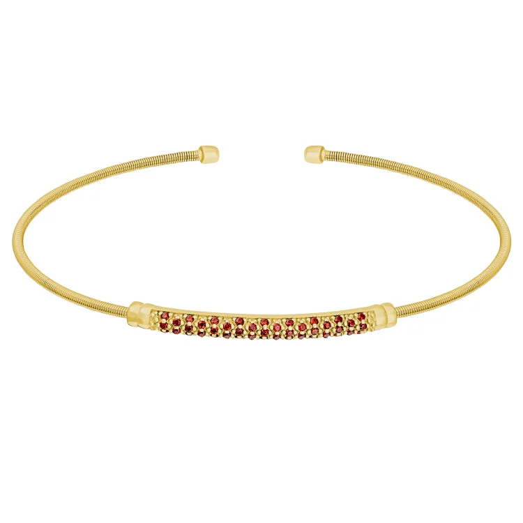 Engraved stainless steel bracelets for durable wear-Gold Finish Sterling Silver Cable Cuff Bracelet with Three Rows of Simulated Garnet Birth Gems - January