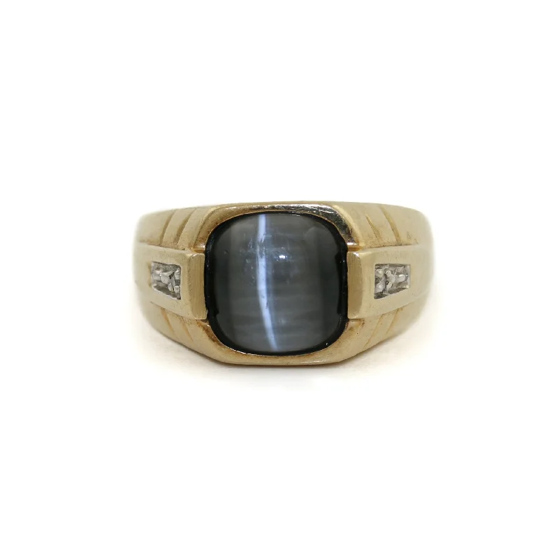 Black diamond rings for edgy elegance-10k x Grey Tiger's Eye Men's Signet