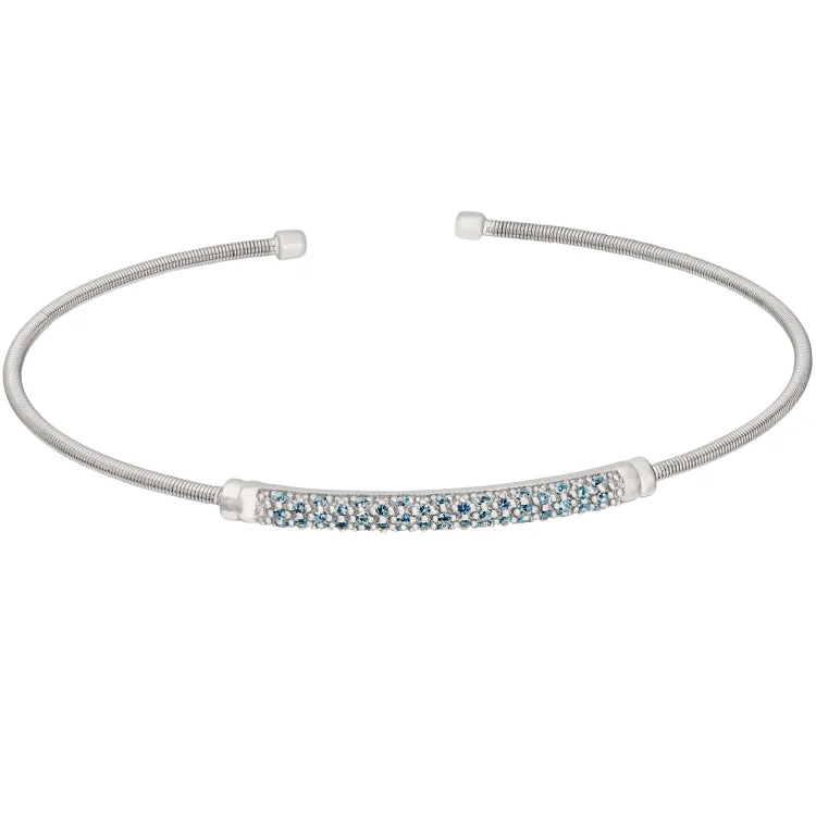 Beaded stretch bracelets for easy wear-Rhodium Finish Sterling Silver Cable Cuff Bracelet with Three Rows of Simulated Aquamarine Birth Gems - March