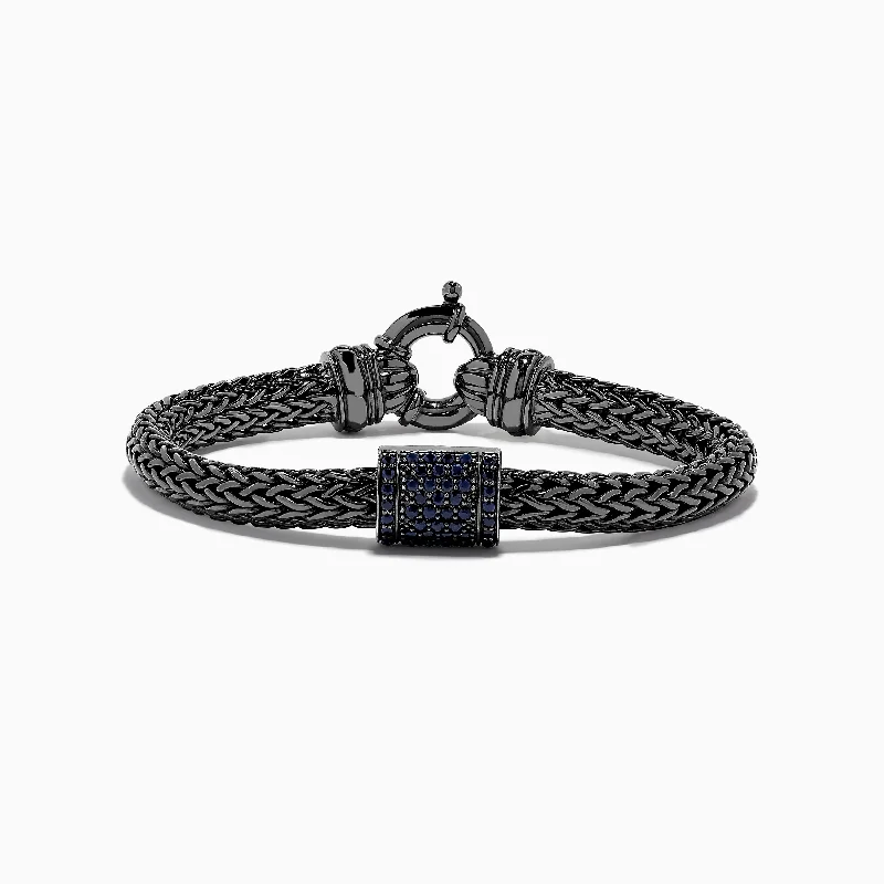 Sports team bracelets for fan fashion-Men's Sterling Silver Black Rhodium Braided Chain Blue Sapphire Bracelet 1.40 TCW