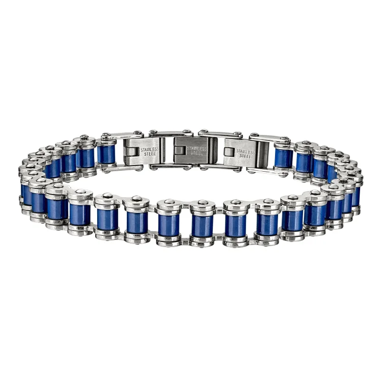 Custom engraved cuff bracelets for unique messages-Blue And Silver Stainless Steel Biker Chain Bracelet