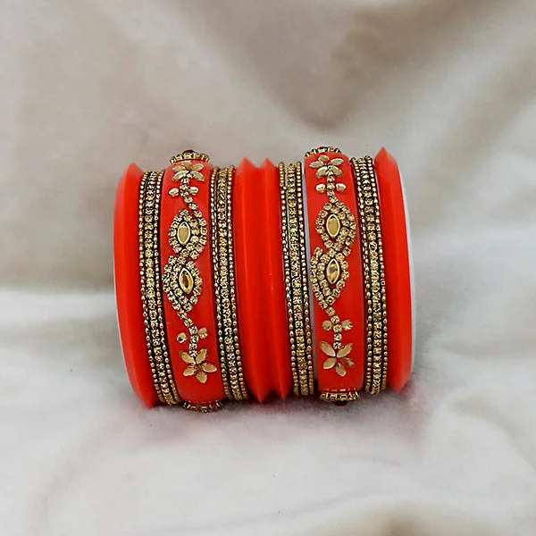 Stackable gemstone bangles for layered elegance-Sejal Orange Color Austrian Stone Bangle Set  - 1403759C