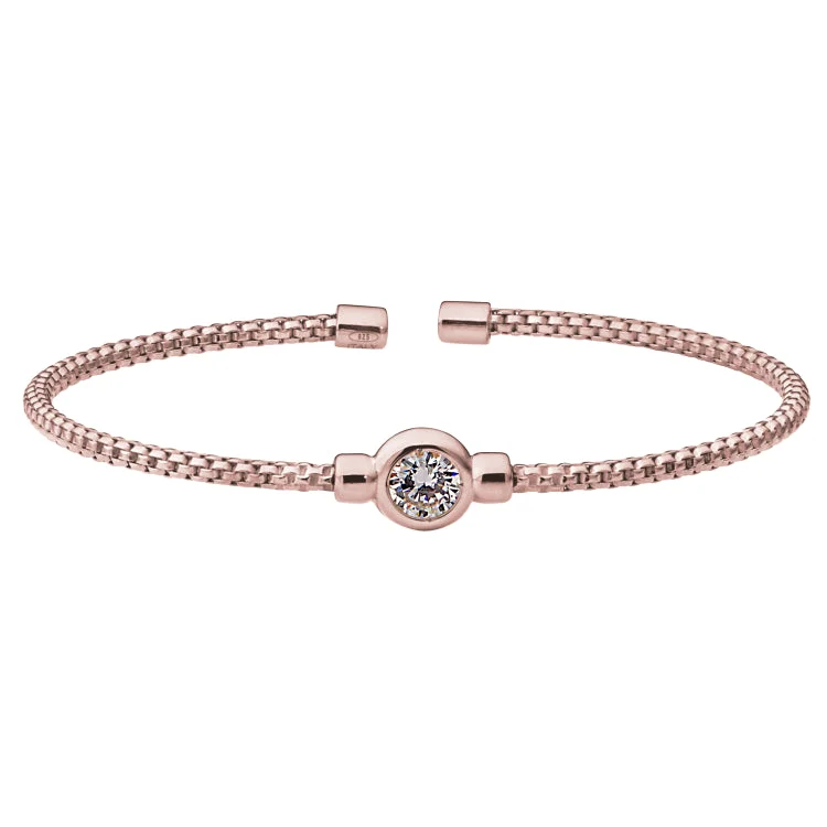 Elastic bracelets for easy wear-Rose Gold Finish Sterling Silver Rounded Box Link Cuff Bracelet with Bezel Set Simulated Diamond Birth Gem