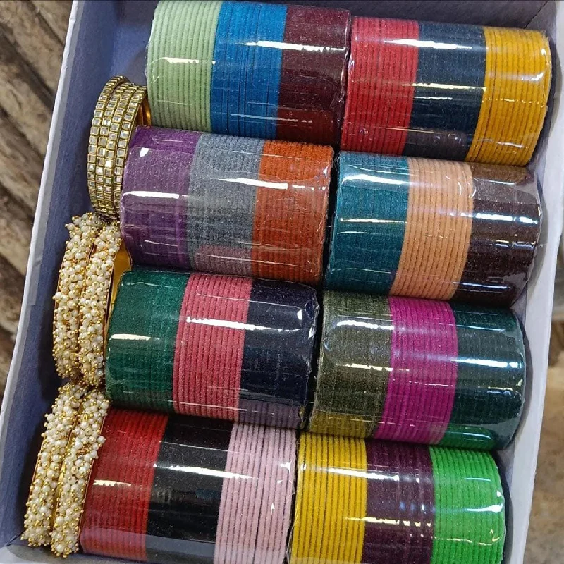 Bangles with engraving for sentimental value-Kavita Art Gold Plated Pearls And Velvet Bangles Set