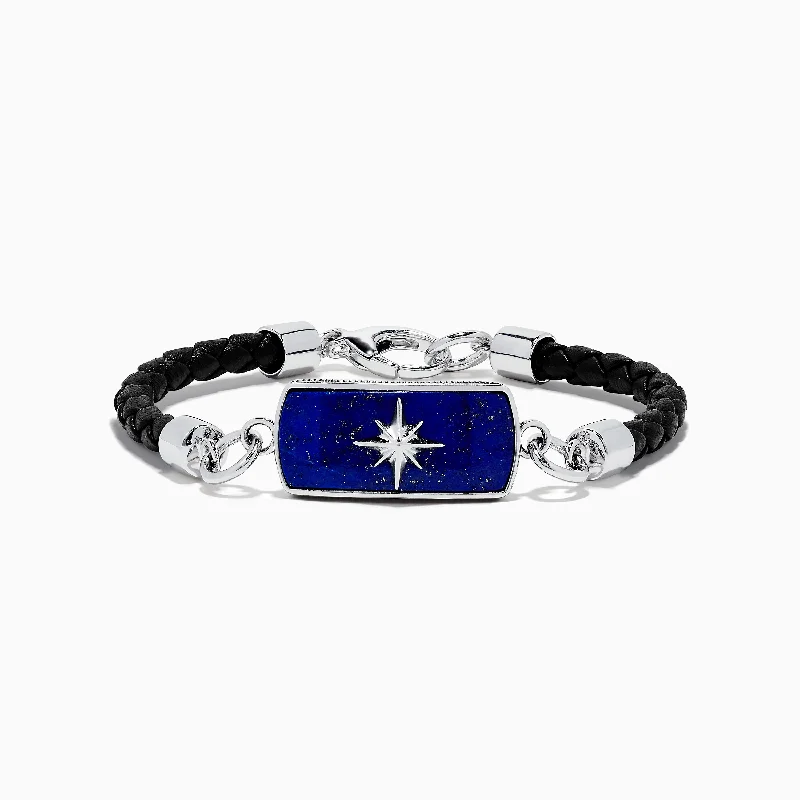 Casual leather bracelets for everyday wear-Men's Sterling Silver and Leather Lapis Lazuli Bracelet