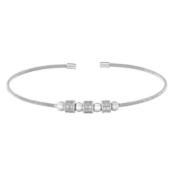 Heart-shaped bracelets for romantic occasions-Rhodium Finish Sterling Silver Cable Cuff Bracelet with Three Spinning Simulated Diamond Beads