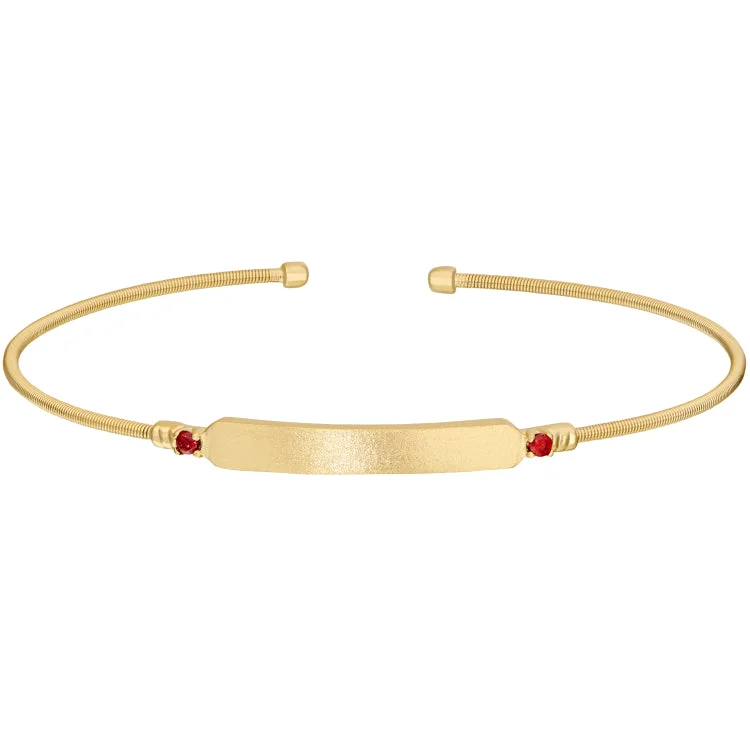 Personalized coordinates bracelets for special memories-Gold Finish Sterling Silver Cable Cuff Bracelet with Name Plate and Simulated Ruby Birth Gems - July