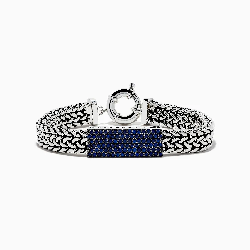 Gold bracelets for elegant sophistication-Men's 925 Sterling Silver Braided Chain Link Blue Sapphire Bracelet 2.60 TCW