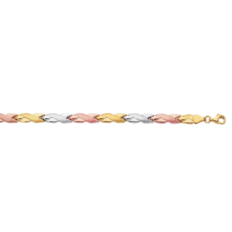 Colorful woven bracelets for beach vibes-14K Tri-color Gold Satin X Bracelet