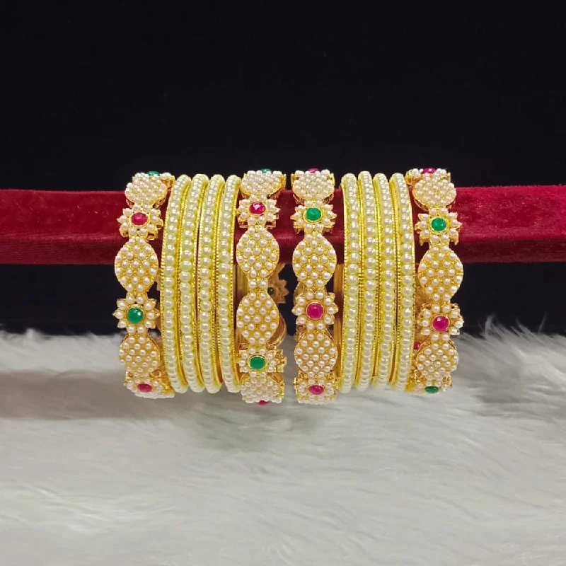 Party-ready bangles for evening wear-Pooja Bangles Gold Plated Pota Stone And Pearls Bangles Set