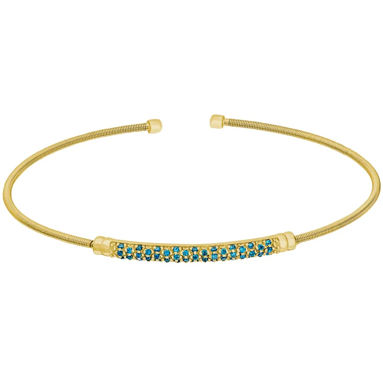 Adjustable metal bracelets for custom fit-Gold Finish Sterling Silver Cable Cuff Bracelet with Three Rows of Simulated Blue Zircon Birth Gems - December