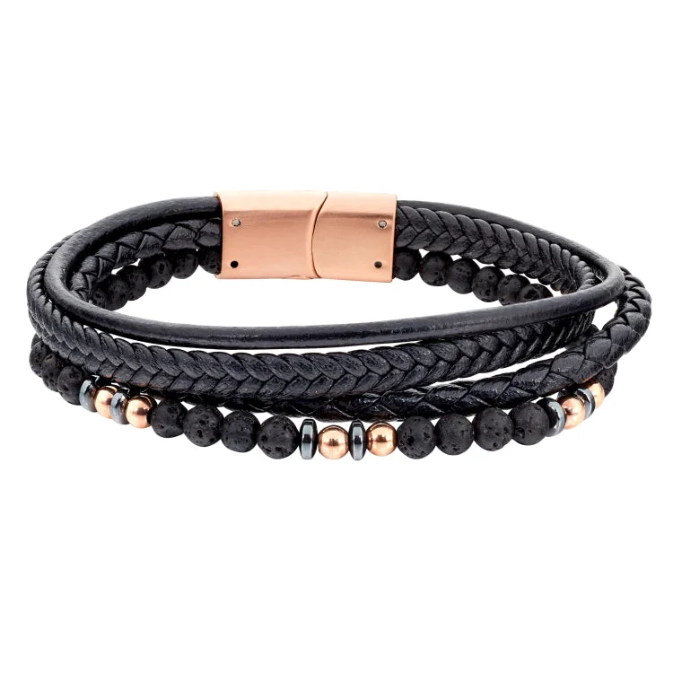 Silver cuff bracelets for modern minimalism-Black Leather 4 Cord Bracelet With Rose Gold And Black Beads