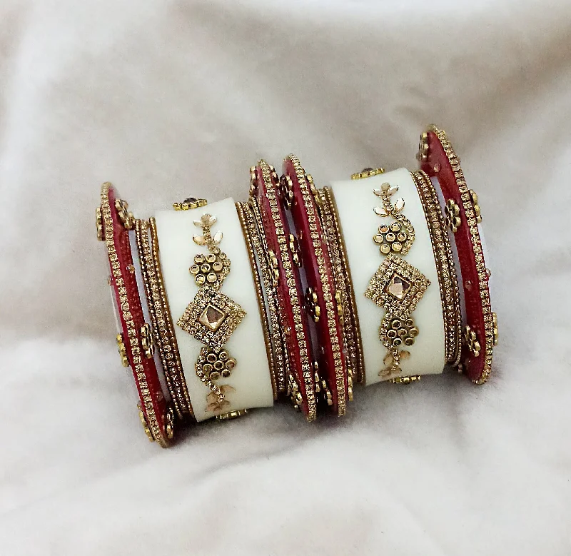 Intricate design bangles for a unique touch-Sejal White And  Maroon Austrian Stone Bangle Set  - 1403747