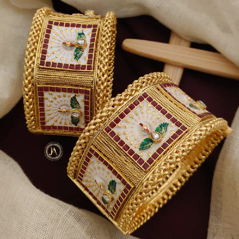 Boho bangles for free-spirited accessories-Neetu Art Gold Plated Pota Stone Meenakari Openable Bangles Set