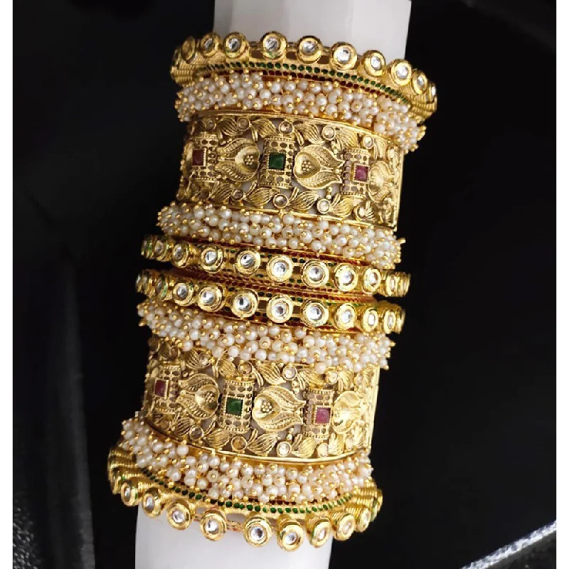 Adjustable gold bangles for custom fit-Akruti Collection Gold Plated Pearl And Kundan Bangle Set