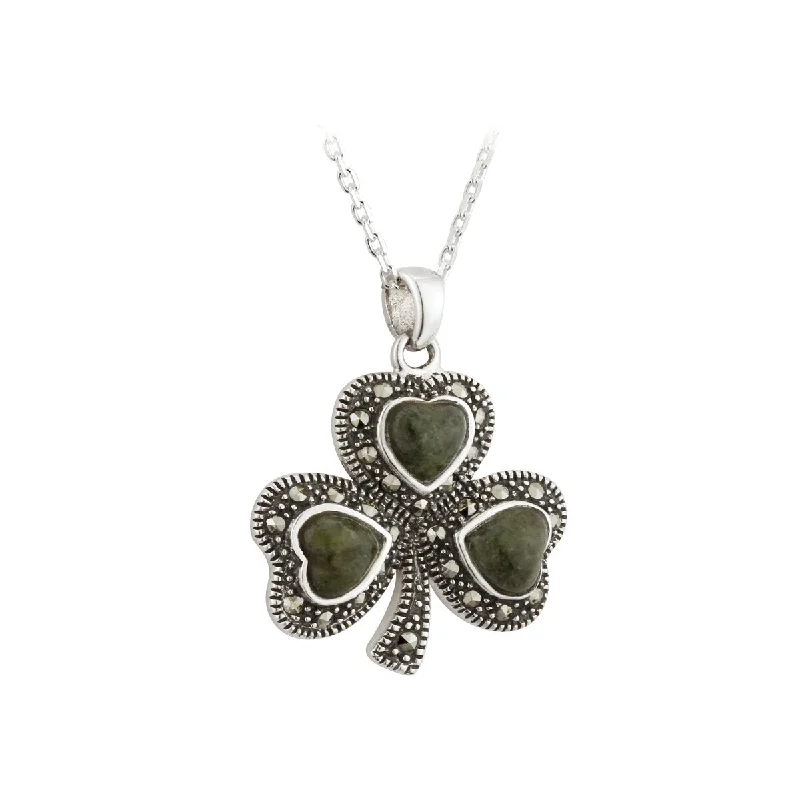 Gold-plated necklaces for a luxurious look-Silver Marble & Marcasite Shamrock Pendant