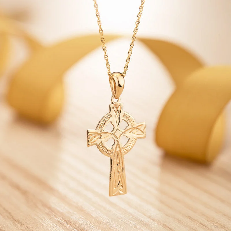 Custom engraved coin necklaces for unique designs-14K Gold Hand Engraved Celtic Cross Pendant