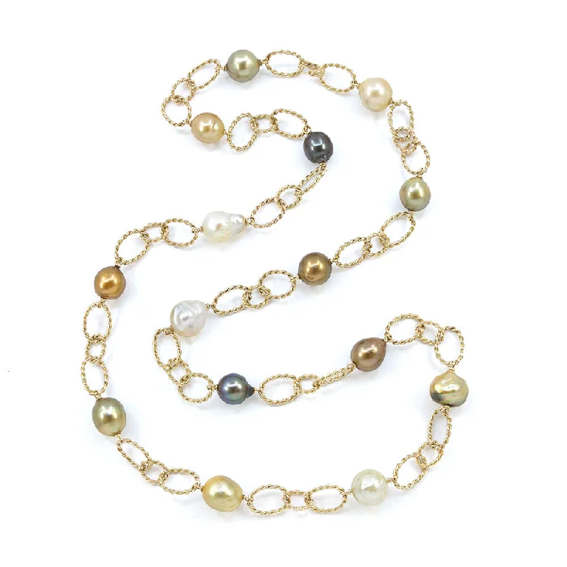 Boho-style necklaces for free-spirited fashion-Coiled Oval Loop Link Necklace with Multi-colored Baroque Pearls