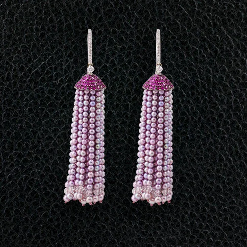 Personalized enamel earrings for custom designs-Pink Sapphire & Pink Pearl Tassel Earrings