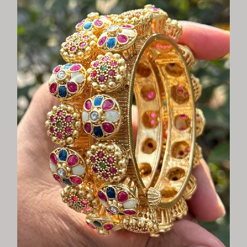 Boho-style bangles for free-spirited fashion-Neetu Art Gold Plated Pota Stone Meenakari Openable Bangles Set