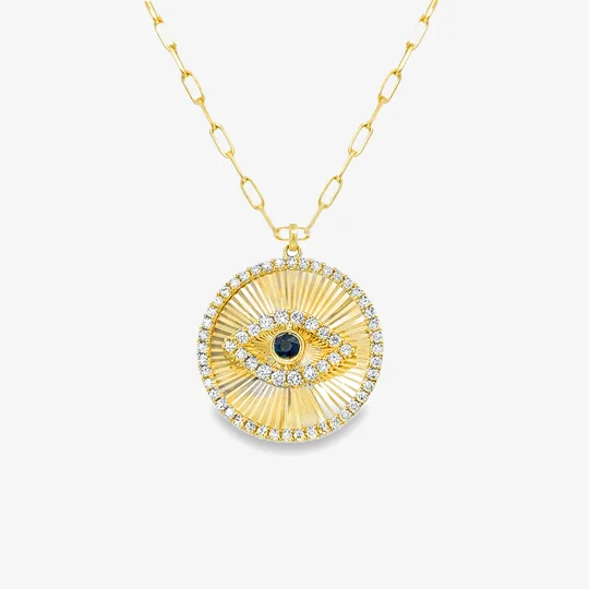 Birthstone necklaces for personalized gifts-Fluted Disc Evil Eye Diamond Paperclip Necklace