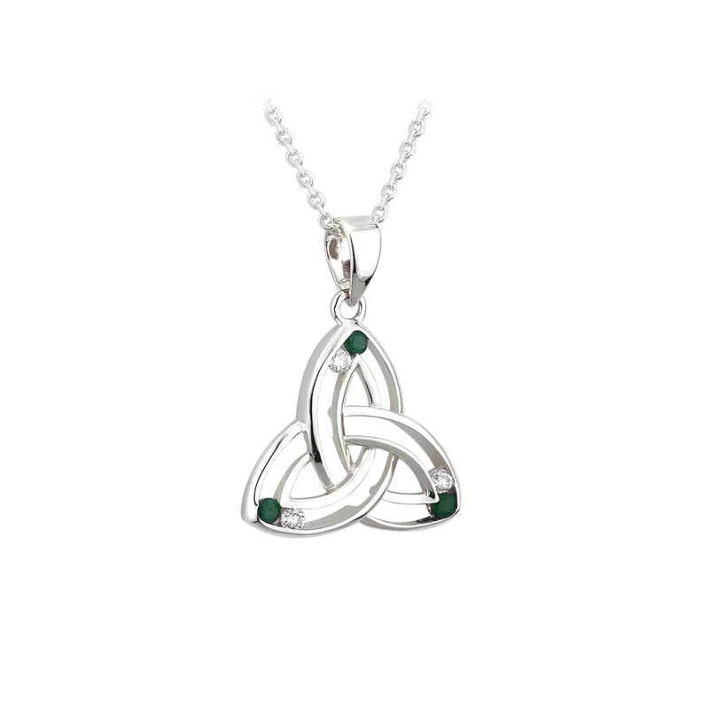 Luxury gemstone necklaces for elegant gifts-14K White Gold Diamond & Emerald Trinity Knot Pendant