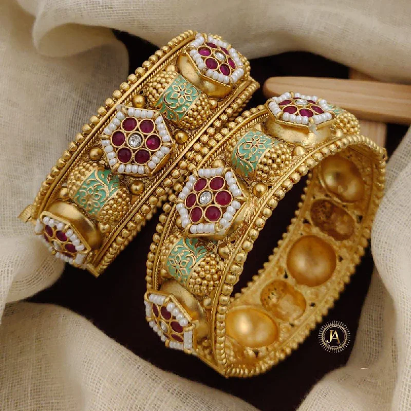 Classic wedding bangles for bridal accessories-Neetu Art Gold Plated Pota Stone And Pearls Openable Bangles Set