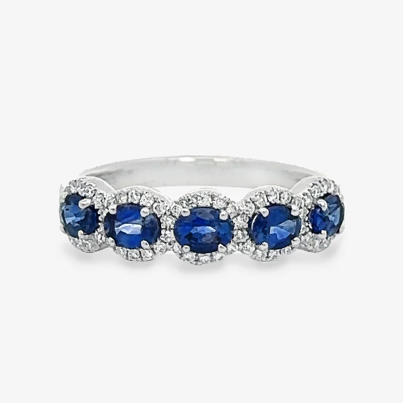 Custom engraved rings for personalized gifts-East West Sapphire & Diamond Halo Ring