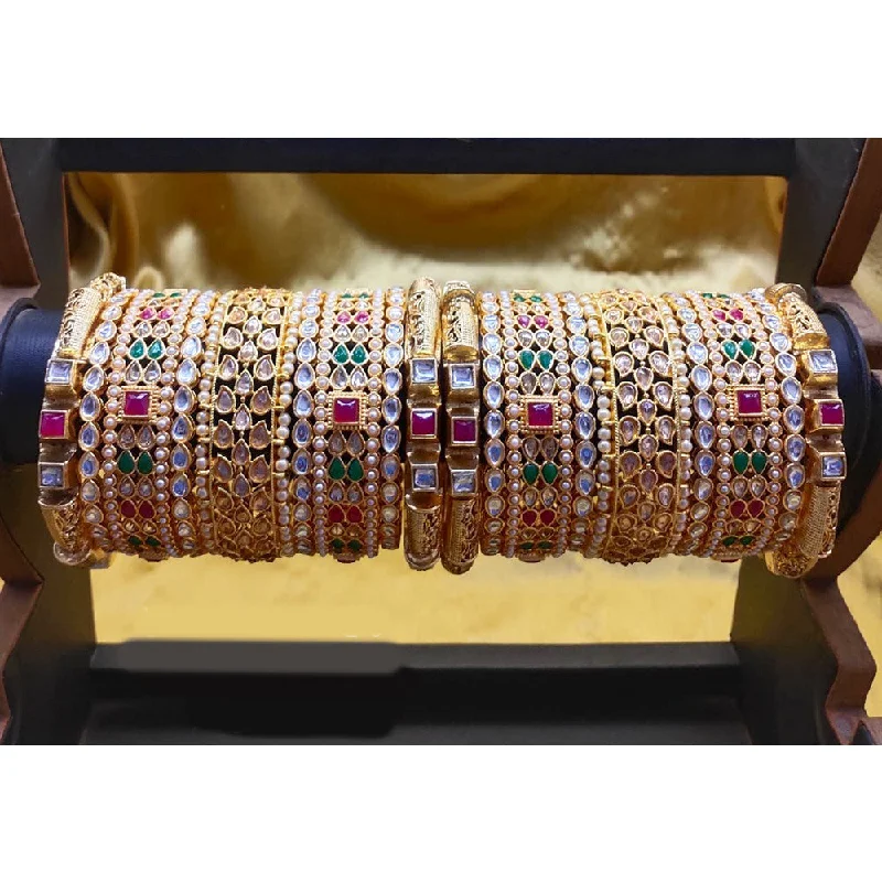 Custom bangles with initials for personalized gifts-Akruti Collection Gold Plated Pearl And Kundan Bangle Set