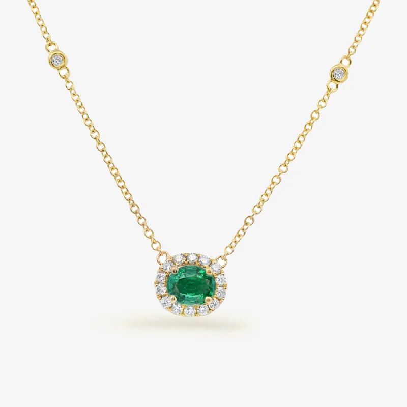 Luxury pearl necklaces for upscale events-Oval Emerald and Diamond Halo Necklace