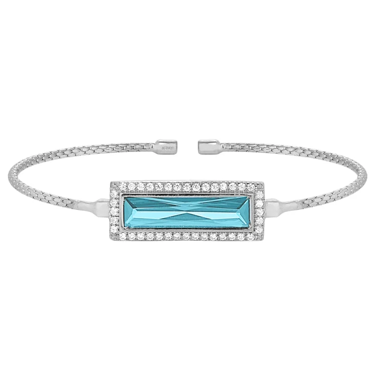 Handmade bracelets for one-of-a-kind style-Rhodium Finish Sterling Silver Cable Cuff Bracelet with Rectangular Simulated Aquamarine Stone and Simulated Diamonds