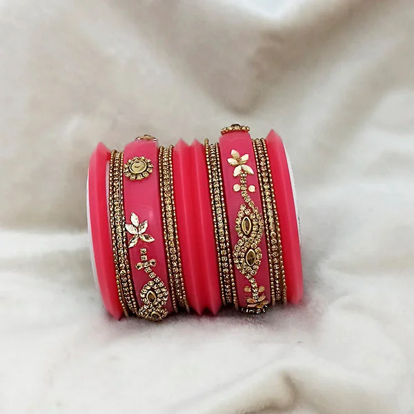 Silver bangle bracelets for classic beauty-Sejal Pink Color Austrian Stone Bangle Set  - 1403759D