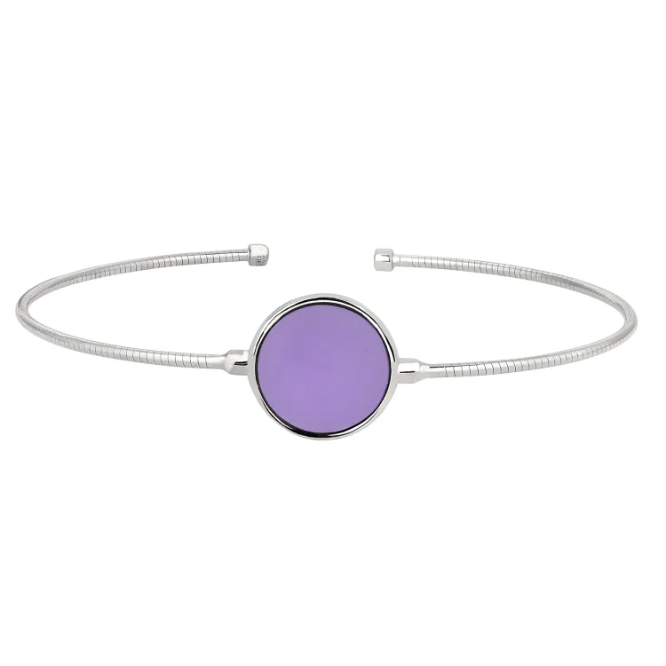 Personalized name bracelets for custom designs-Rhodium Finish Sterling Silver Rounded Omega Cable Cuff Bracelet with a Round Purple Murano Stone