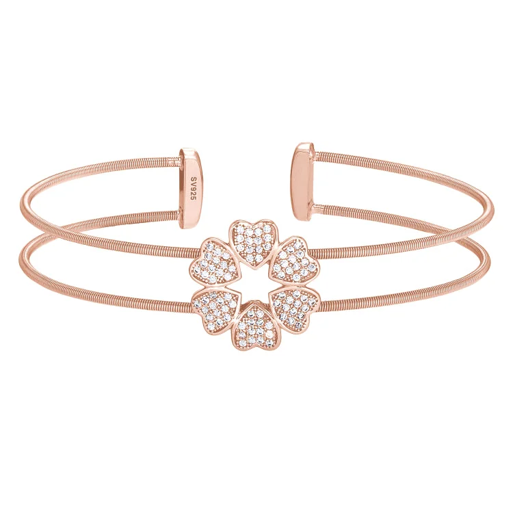 Custom engraved cuff bracelets for special occasions-Rose Gold Finish Sterling Silver Two Cable Cuff 5 Hearts Bracelet with Simulated Diamonds