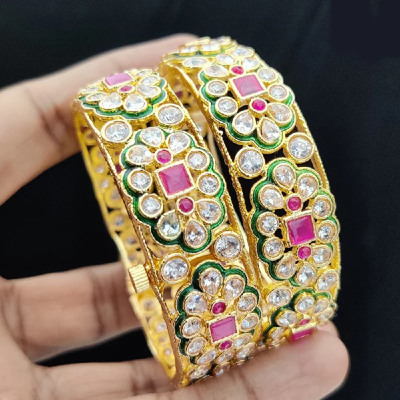 Custom engraved bangles for meaningful messages-Jewel Addiction Gold Plated Kundan Openable Bangles Set