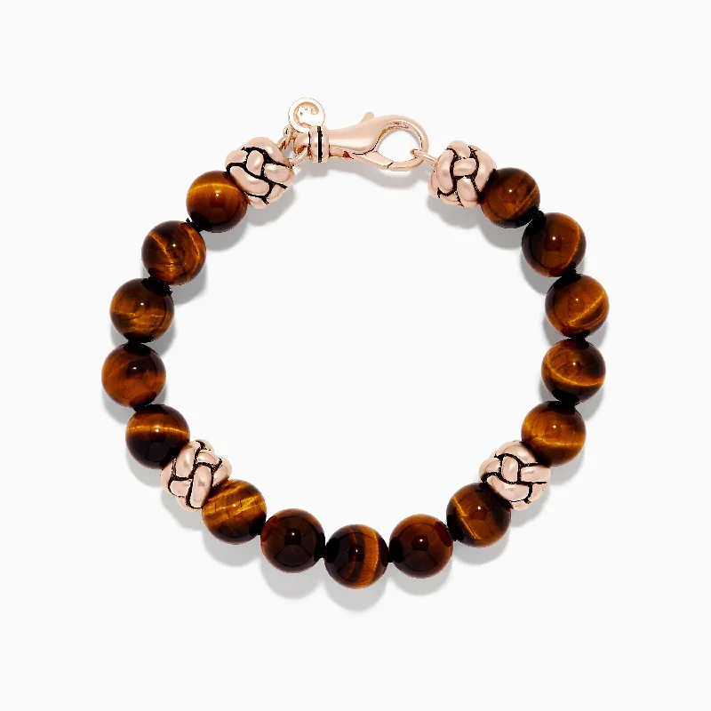 Personalized charm bracelets for thoughtful gifts-Men's 925 Sterling Silver Rose Gold Plated Tigers Eye Bead Bracelet