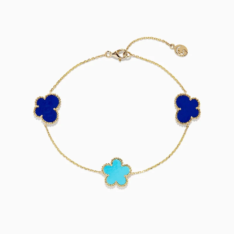 Gold-plated bracelets for affordable luxury-Novelty 14K Gold Turquoise & Lapis Floral Butterfly Bracelet