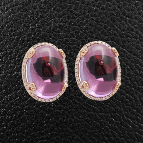 Custom engraved hoop earrings for special messages-Cabochon Amethyst & Diamond Earrings