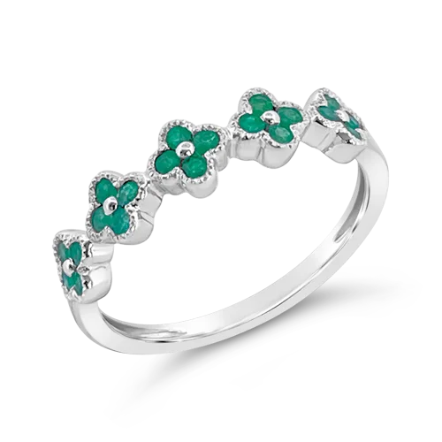 Vintage wedding rings for nostalgic charm-Emerald Flower/Clover Ring in White Gold