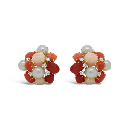 Modern geometric hoop earrings for contemporary looks-Coral, Diamond & Pearl Cluster Earrings