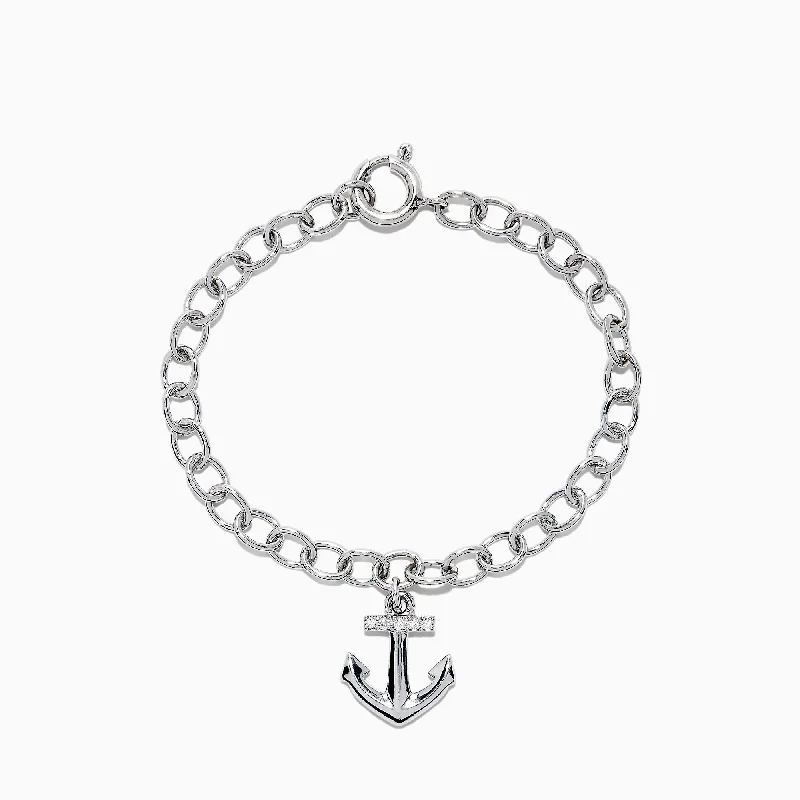 Custom engraved metal bracelets for memorable gifts-Seaside Sterling Silver Diamond Anchor Charm Bracelet, 0.05 TCW