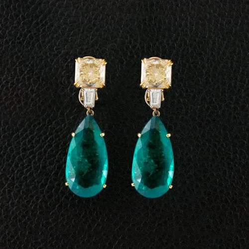 Custom gemstone earrings for personalized beauty-Emerald & Yellow Diamond Drop Earrings