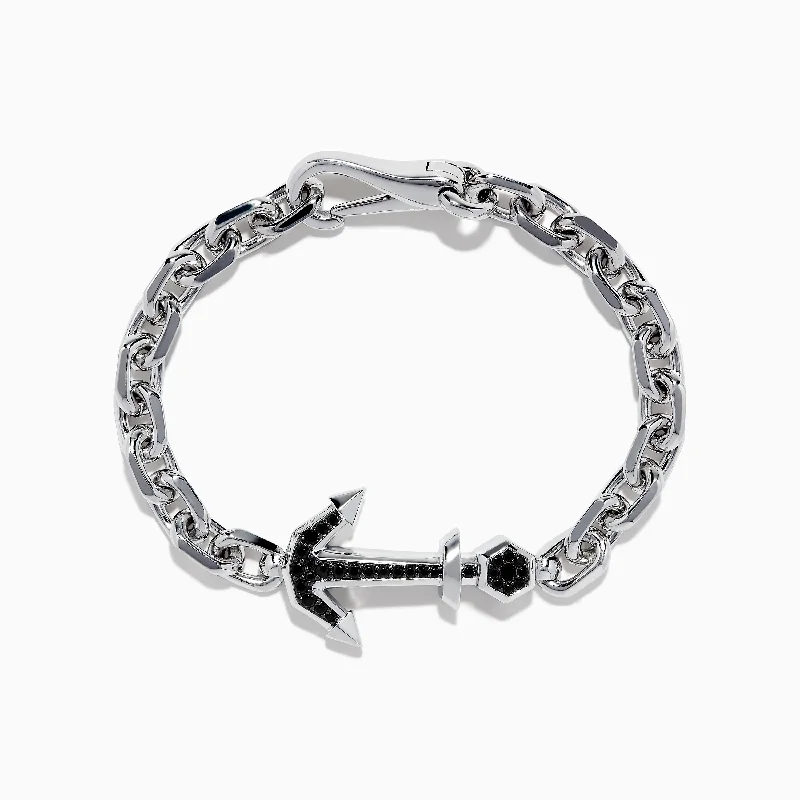 Custom initial bracelets for personalized fashion-Men's Sterling Silver Chain Link Black Spinel Anchor Bracelet 0.76 TCW