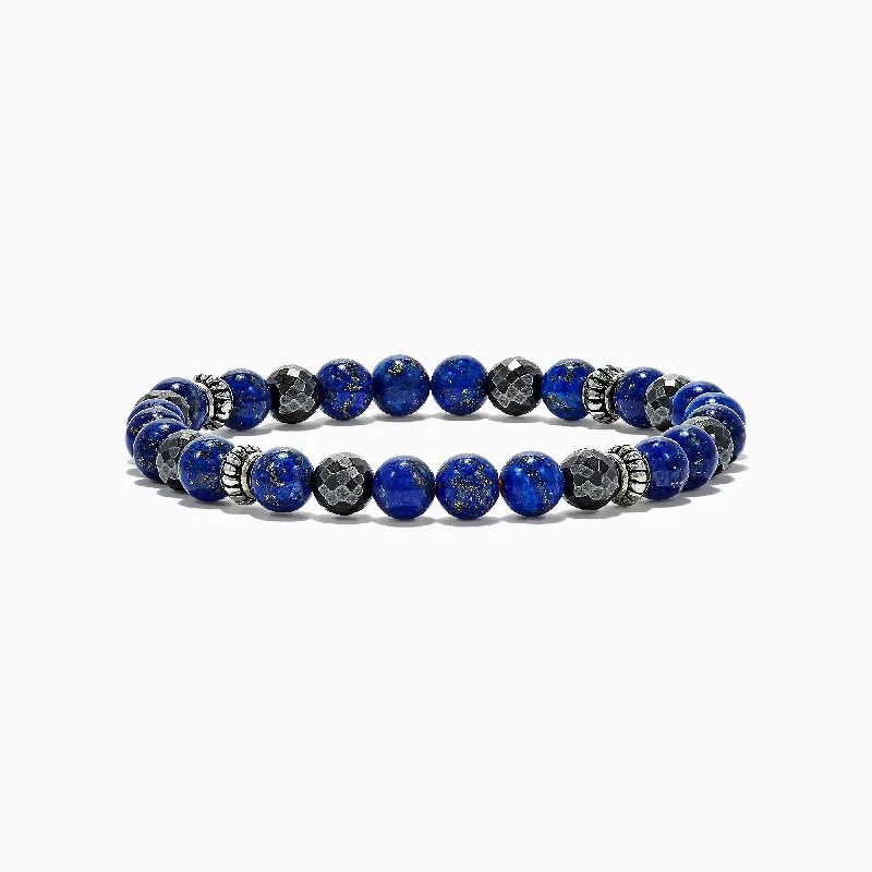 Wrap bracelets for boho-inspired fashion-Men's Lapis Lazuli and Hematite Beaded 7.5" Bracelet, 60.00 TW