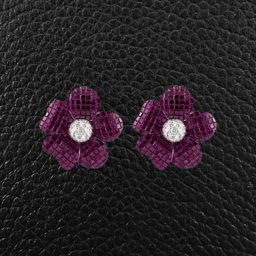 Delicate crystal earrings for subtle elegance-Ruby & Diamond Flower Earrings