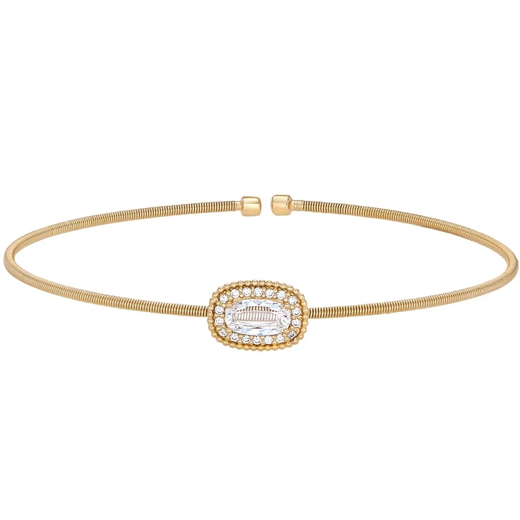 Personalized engraved leather bracelets for custom gifts-Gold Finish Sterling Silver Cable Cuff Bracelet with Oval Halo Simulated Diamonds