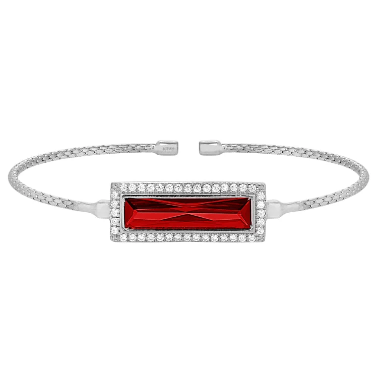 Personalized couples' bracelets for romantic gestures-Rhodium Finish Sterling Silver Cable Cuff Bracelet with Rectangular Simulated Garnet Stone and Simulated Diamonds