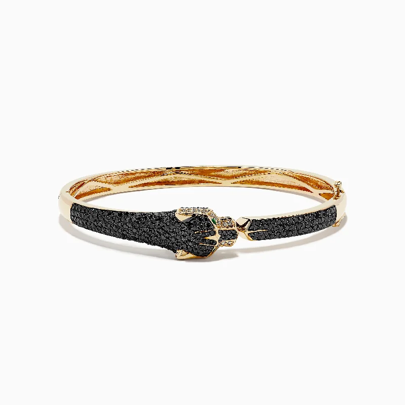 Bangle bracelets for elegant wrist wear-Signature 14K Yellow Gold Black Diamond & Emerald Panther Bangle