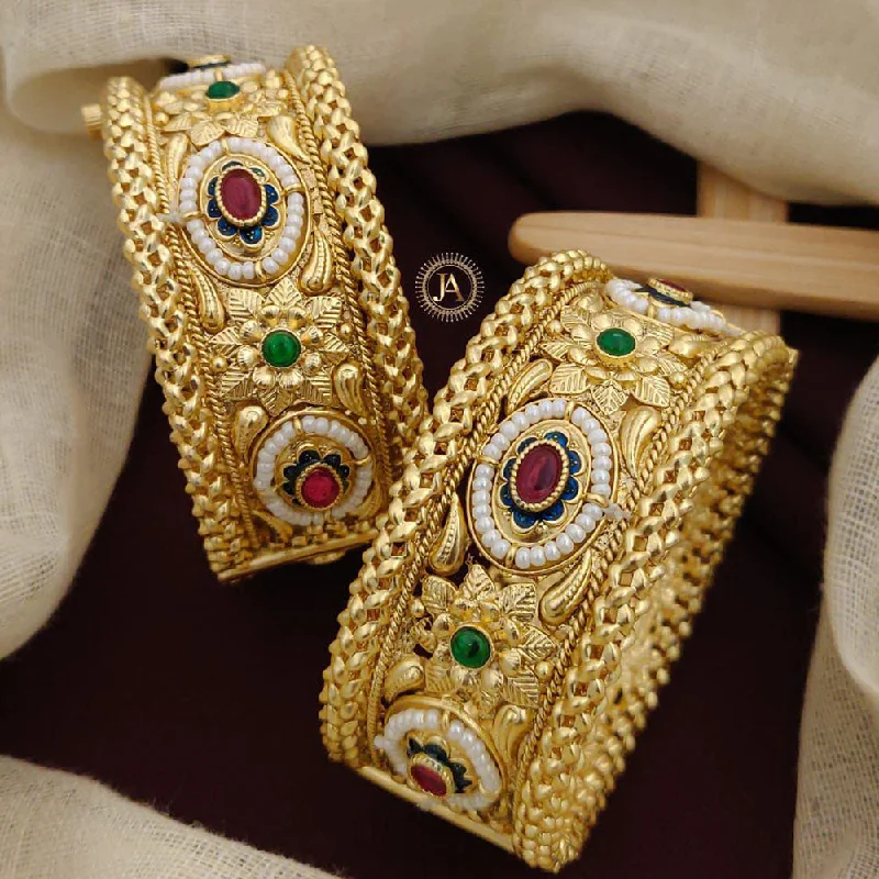 Matching bangle sets for couples-Neetu Art Gold Plated Pota Stone And Pearls Meenakari Openable Bangles Set