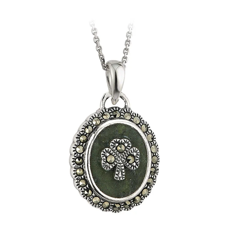 Colorful enamel necklaces for fun, vibrant style-Marcasite Shamrock Connemara Marble Pendant